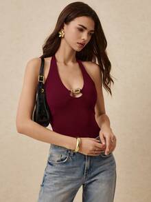 Women's Sexy Metal Decor Backless Halter Top, Summer - Burgundy - View 5