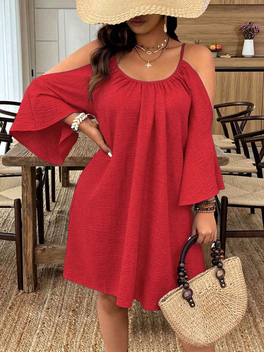 SHEIN Clasi Plus Size Round Neck Ruched Pleated Split Flare 3/4 Sleeve Casual A-Line Midi Dress Day - Red - View 1