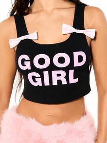 SUMWON WOMEN Bow Detail Good Girl Graphic Tank Top Sleeveless Tank Summer Casual Statement Top Printed Letters Cute Feminine Style Everyday Wear For Valentine - Black - View 4