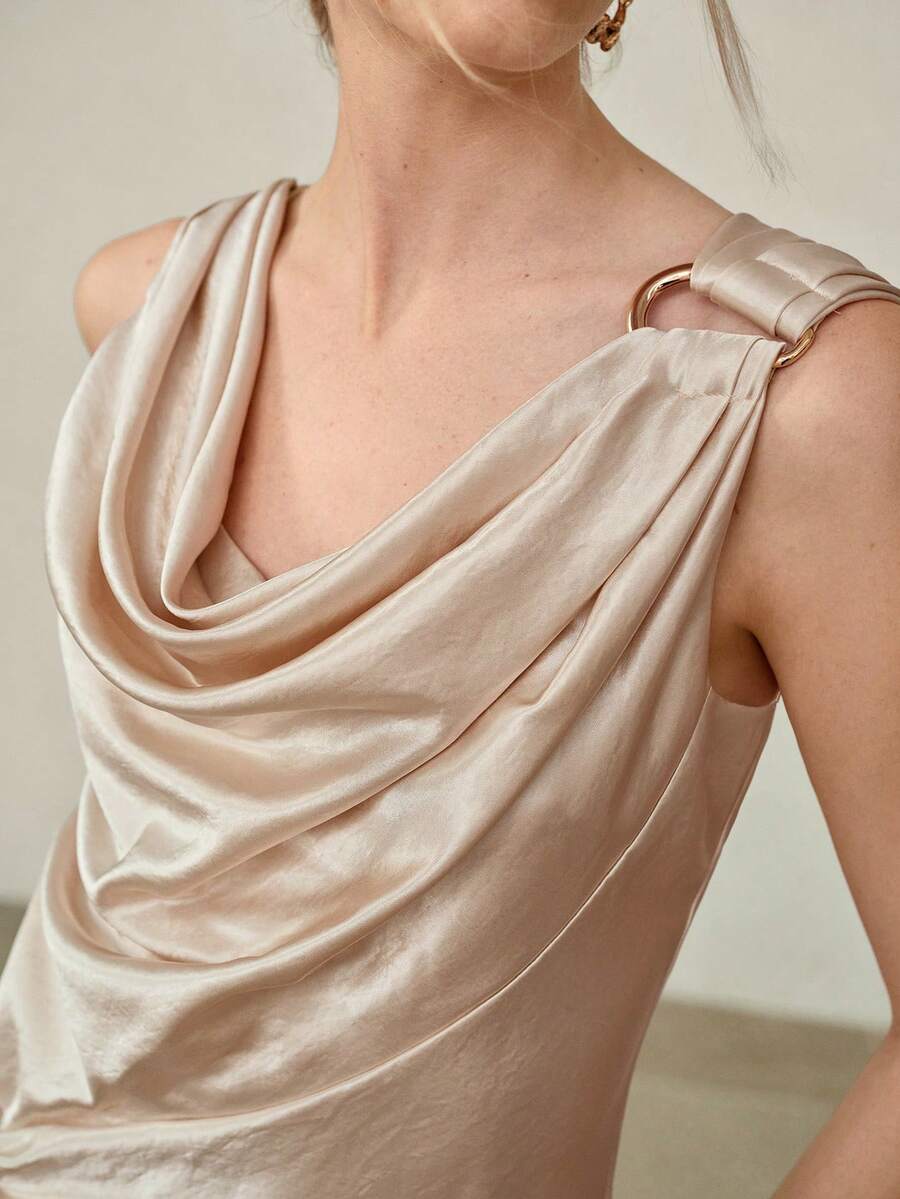 MOTF PREMIUM WOMEN'S AUTUMN/WINTER DRAPED NECK STRUCTURED SHORT DRESS - Champagne - View 2