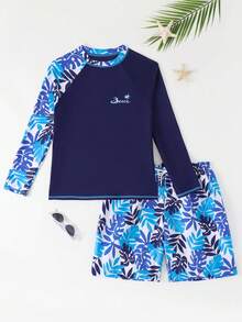 SHEIN 男童泳装套装 - 2 件套 UPF 50+ 防晒泳裤和防晒衣，适合青少年男童长袖泳装套装（尺码：12-16） - 寶藍色 - 查看 4