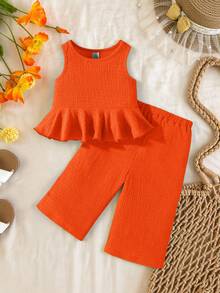 SHEIN Babygirl Summer Cute Solid Color Textured Sleeveless Top And Elastic Waist Loose Pants Set - Orange - View 6