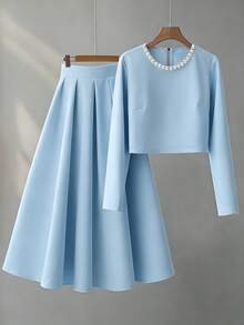 Franclia 女士优雅通勤仿珍珠装饰长袖上衣和百褶裙套装，秋季 - 淺藍色 - 查看 3