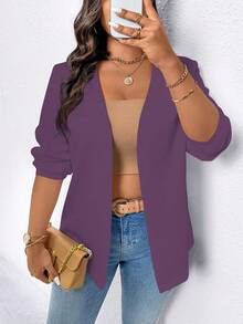 SHEIN PETITE Áo blazer nữ dáng nhỏ nhắn, tối giản, đa năng, nhẹ nhàng, thích hợp cho cuộc sống thường ngày. - Màu tím - Xem 7