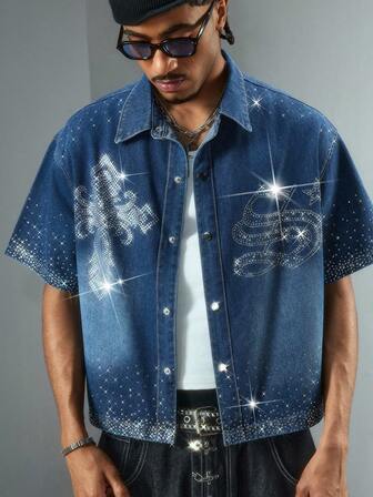 Street Life قميص جينز أنيق بأزرار أمامية مرصع بالراين ذو أكمام قصيرة للرجال