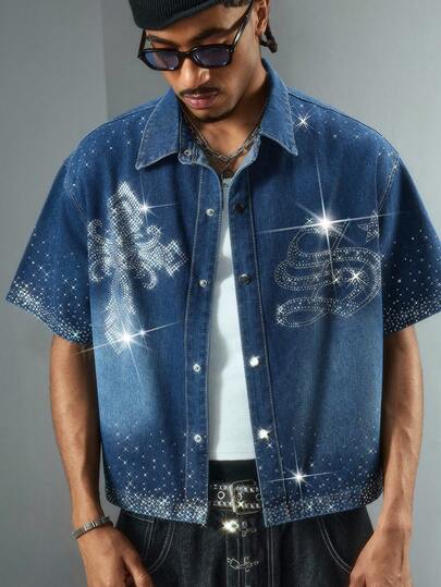 Street Life قميص جينز أنيق بأزرار أمامية مرصع بالراين ذو أكمام قصيرة للرجال