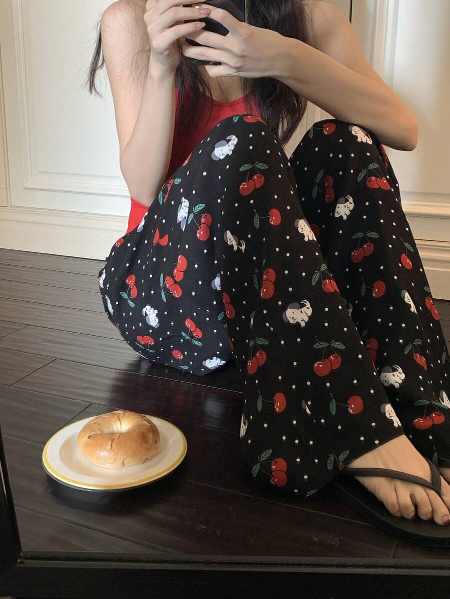 DAZY Cherry Dog Print Loose Women Pajama Bottoms - Black - View 1