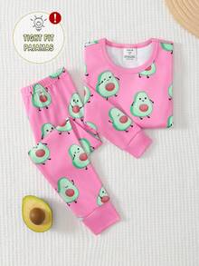 Young Girls Pajamas-2 Piece Pajama Set Pink Avocado Print Round Neck Long Sleeve Top And Elastic Waist Long Pants Cozy Tight Fit Loungewear Pajamas Four Seasons Holiday 2026 Must Have Cute Playtime Bedtime Gift Snug Fit Pants Pajama Set Fruit Pajama Set Kids Avocado Pjs - Hot Pink - View 3