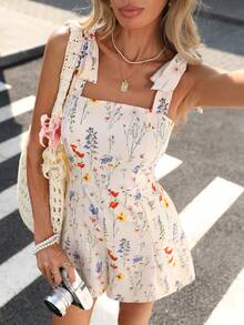 Pariaura Bộ đồ liền thân tay bồng hở eo in họa tiết hoa phong cách Pháp INS dành cho nữ - Màu be - Xem 2