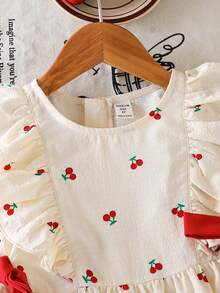 SHEIN LMoss Kids 少女碎花圆领荷叶边撞色蝴蝶结休闲连衣裙 - 粉色 - 查看 9