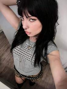 SHEIN 哥特朋克摇滚嘻哈女式短袖T恤，性感显瘦，时尚休闲基础款露脐上衣，Y2K 复古少女装 - 灰色 - 查看 4