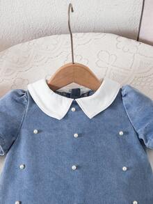 女婴白色珍珠装饰撞色牛仔领连衣裙 - 淺色水洗藍 - 查看 5