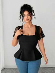 Elenzga Spring New Arrival Square Collar Lace Ruffle Sleeve Hollow Back Bow Design Plus Size Women Blouse, Fashionable For Outing, Holiday Date, Daily Wear, Classic Versatile, Commuting - Black - View 3
