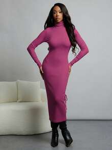 NYA SZN Dress Long Sleeve Turtle Neck Fitted Sweater Business Casual Everyday Cool Girl Ibiza Gyaru Holiday Midi Length Fall Winter Carnival Outfits Women - Purple - View 5