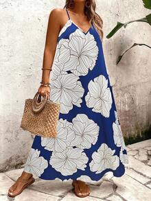 EMERY ROSE Women's Plus Size Floral Leaf Print Loose Camisole Dress,Blue And White Summer Boho Beach Holiday Casual Maxi Dress,Long Vacation Dress - Multicolor - View 6