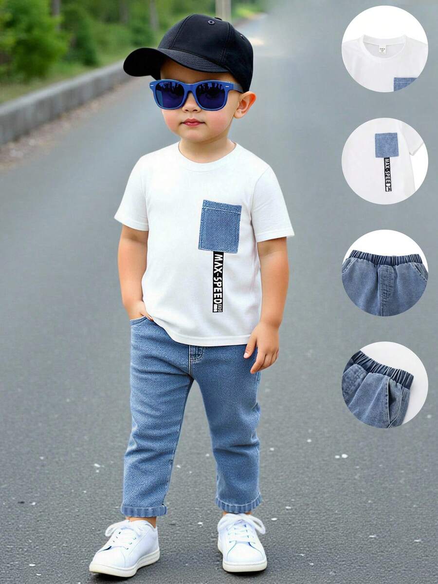 SHEIN Explorewe 两件套男童夏季新款圆领T恤搭配水洗牛仔裤。T恤采用牛仔布面料，饰有口袋字母印花和丝带装饰，与水洗牛仔裤面料相得益彰，呈现独特的造型效果。简约时尚的设计，展现男孩的个性魅力，适合日常休闲和校园穿着，可轻松应对不同季节的搭配需求。 - 白色 - 查看 1
