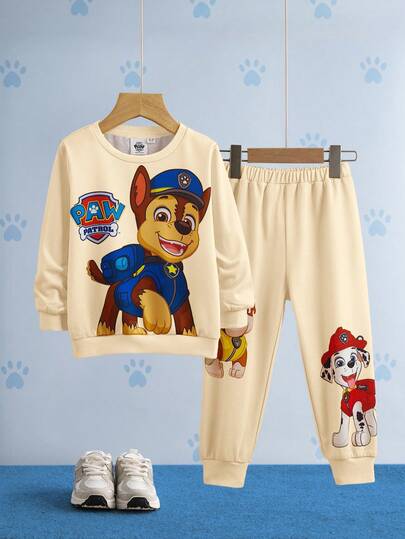 SHEIN | PAW Patrol 2件套男童卡通狗印花圆领长袖卫衣和运动裤针织休闲运动服套装