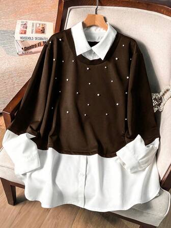 Lacomfia เสื้อสเวตเตอร์ผู้หญิงแขนยาว 2 In 1 แต่งไข่มุกสีตัดกัน ลำลอง สบาย มินิมอล เก๋ไก๋ ไซส์ใหญ่