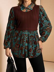 SHEIN LUNE Plus Size Women Floral Patchwork Lantern Sleeve Casual Blouse Top - Multicolor - View 9