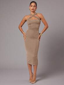 Silquee Women's Sleeveless Solid Color Metal Decor Dress - Brown - View 3