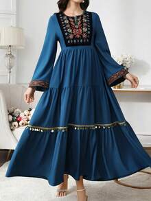 Al Najma 女士优雅刺绣流苏阿拉伯风格连衣裙 - 藍色 - 查看 4