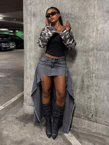 StreetHx 低腰毛边长短款牛仔裙 - 深灰色 - 查看 3