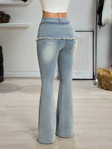 Jeanoix Y2K Women's Frayed Hem Double Waistband Fashionable Flare Leg Jeans - Light Wash - View 2