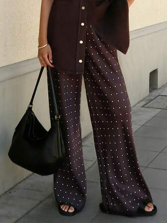 Cévolie 女士弹力腰带波点休闲百搭阔腿裤，适合度假穿着