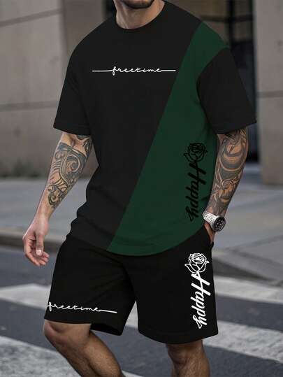 Manfinity LEGND Men's Casual Loose Fit Contrast Color Short Sleeve Round Neck T-Shirt, Suitable For Daily Wear In Summer