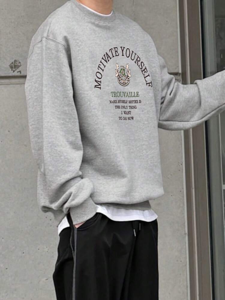 Men's Letter Embroidery Graphic Crew Neck Pullover Sweatshirt, Spring/Autumn