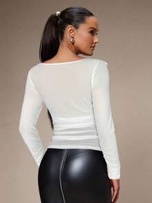 Silquee Áo nữ thời trang, gợi cảm, màu trơn, cổ xếp ly, tay dài. - trắng - Xem 2