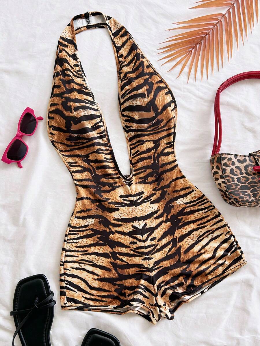 Soleia 女士性感豹纹深 V 领露背连体衣，修身廓形，适合派对、圣诞节、约会之夜、夜总会、海滩、游轮、下午茶、波西米亚风、度假、秋季 - 彩色 - 查看 1