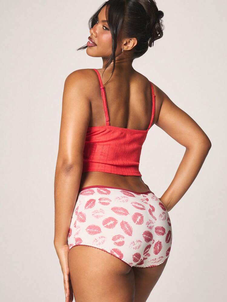 MISSGUIDED Kiss Print Boyshort Underwear With Lace Trim Detail Stretch Intimate Comfort Fit Low Rise Brief