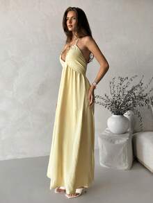 Aloruh Váy dài chữ A cho nữ, thiết kế chéo hở lưng, vải họa tiết, thích hợp cho kỳ nghỉ ở bãi biển, mùa xuân/hè - Vàng nhạt - Xem 4