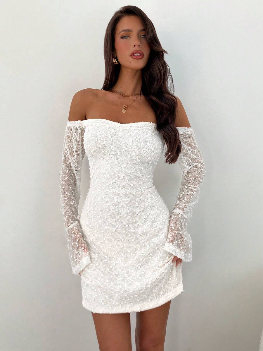 Aloruh Women's Elegant Textured Off Shoulder Mini Dress, Autumn ,Summer Dress,Spring Dresses For Women - White - View 1