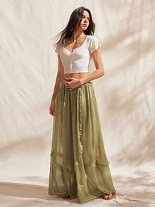Easelle Quần nữ dáng rộng, cạp thấp, xếp ly, phong cách boho cổ điển - xanh quân đội - Xem 7