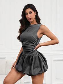 SHEIN Essnce 女士褶皱露背优雅收腰牛仔褶边连衣裙 - 灰色 - 查看 5