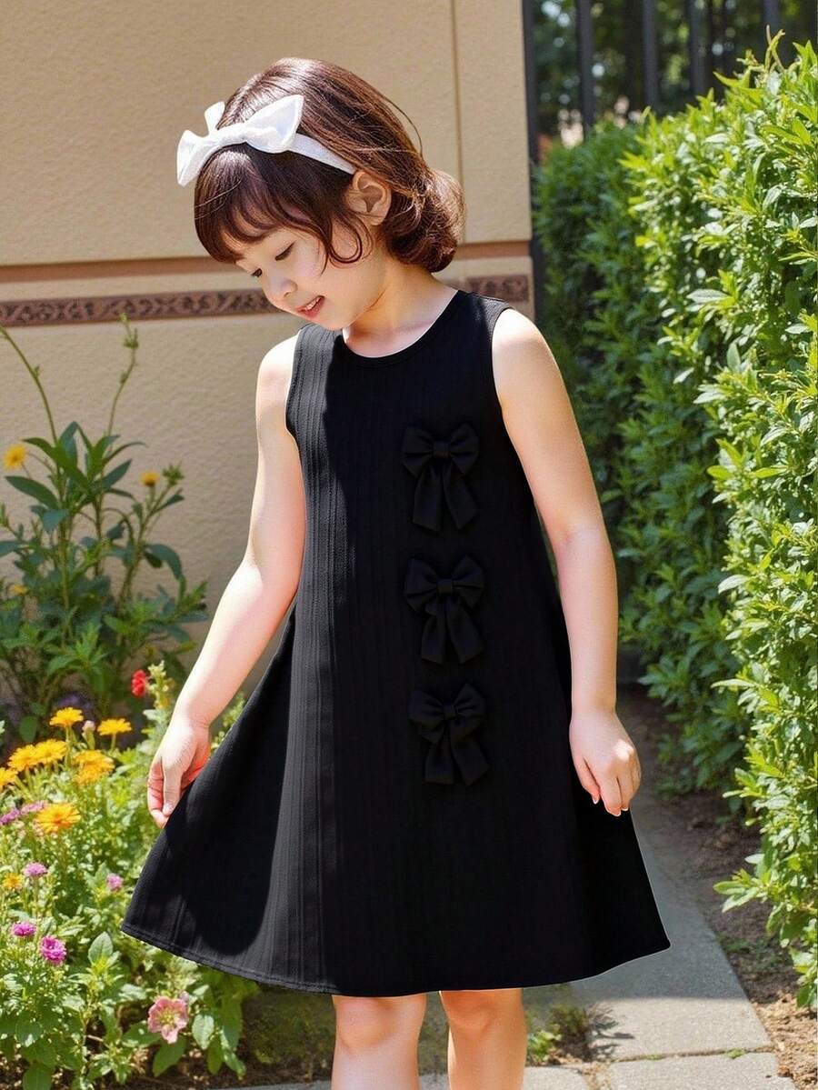 Elladie kids Young Girls Sleeveless Textured Fabric Mid-Length Casual Dress, Front Bowknot Decor Design, Elegant And Cute Black Summer Dress For Girls Black Dress With Bows For Girls Black Dress For Tweens Girls Sleeveless A-Line Dress Girls Casual Dress Girls Sleeveless Aline Casual Dress - Black - View 1
