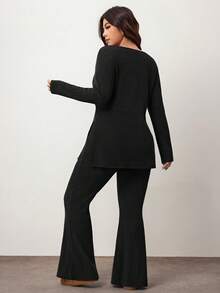 Enliva Plus Size Casual & Homewear Minimalist Ribbed 2 Pieces Set, Autumn Clothes, Winter Clothes, Friendly To Round Body Curves, For Apple & Rounded Body Shape - Black - View 2