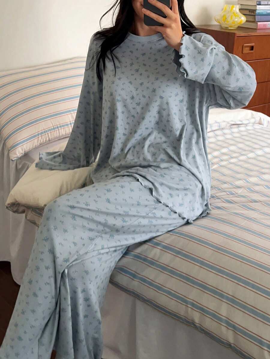 DAZY 两件套女士碎花宽松舒适长袖睡衣套装 - 棕色 - 查看 1