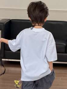DAZY Tween Boy Solid Color Round Neck Drop Shoulder Short Sleeve Casual Loose T-Shirt Spring Summer - White - View 6