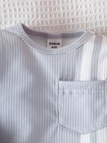 SHEIN 新生男宝宝白色皮特图案卡通恐龙图案印花拼接绿色口袋长袖上衣配绿色裤子两件套可爱休闲运动时尚新品 - 灰色 - 查看 3