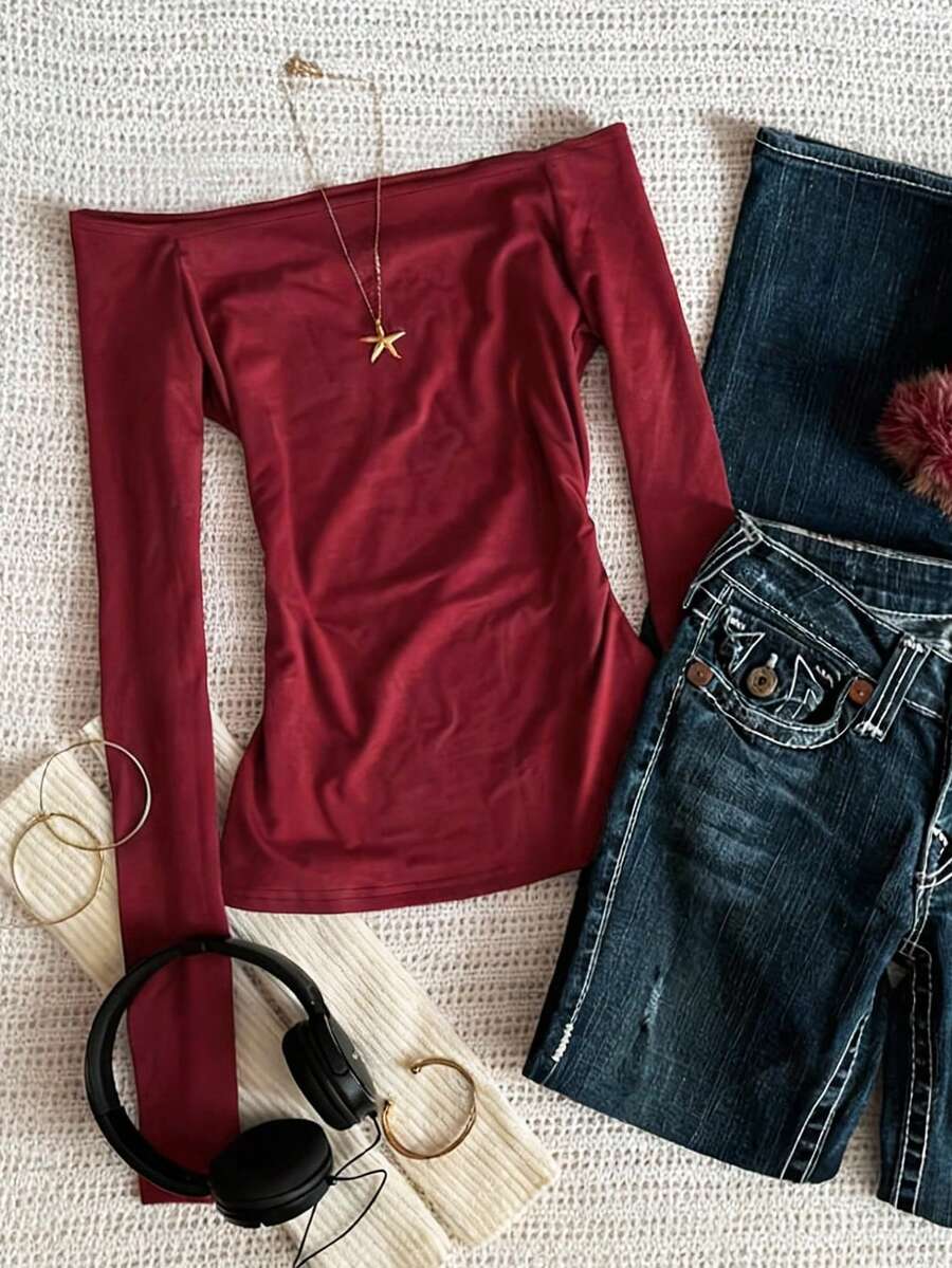 Glimmora Fashionable Minimalist Off-Shoulder Long Sleeve T-Shirt, Gift For Friends - Burgundy - View 1