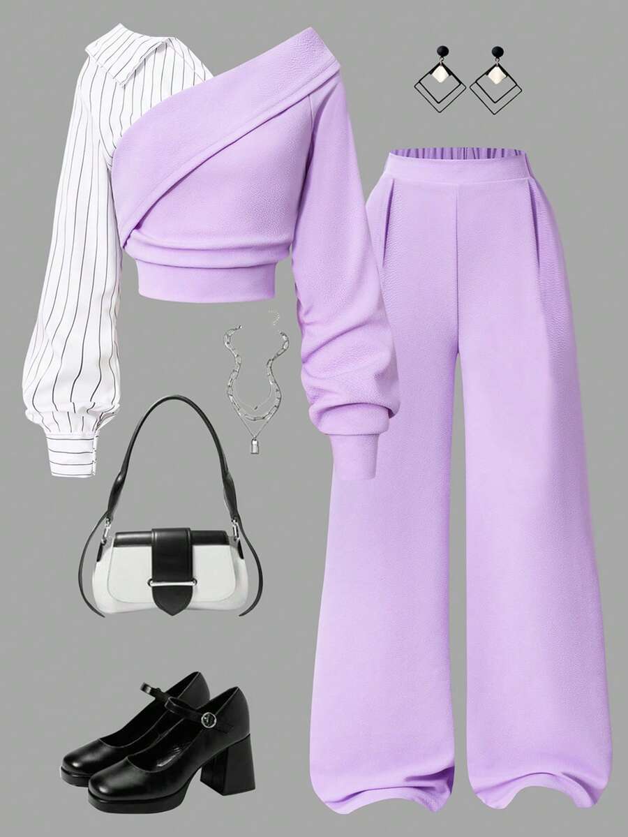 SHEIN 2件套少女时尚优雅通勤套装，纯色条纹衬衫+宽松阔腿裤 - 紫色 - 查看 1
