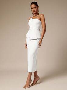 Silquee Bộ đồ thời trang nữ màu trơn gồm áo quây và chân váy xẻ tà. - trắng - Xem 4