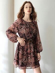 Frievida 波西米亚复古印花V领系带休闲宽松修身腰果花长袖连衣裙/随机印花 - 彩色 - 查看 5