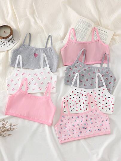 SHEIN Vintaside Kids 少女文胸和无钢圈训练文胸7件装，粉色、灰色、白色爱心花卉印花，柔软弹力，可调节肩带，无缝设计，舒适贴合，适合青少年日常穿着、睡眠和休闲，四季皆宜，2026年假日必备，轻盈休闲。