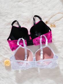 DesireSculpt 2pcs/Set Plus Size Women Lace Solid Minimalist Underwire Adjustable Bras - Multicolor - View 2