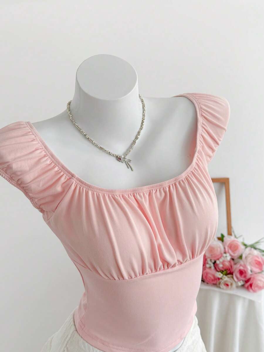 SHEIN EZwear 女士纯色褶皱休闲粉色 T 恤上衣，日常穿着 - 粉色 - 查看 1