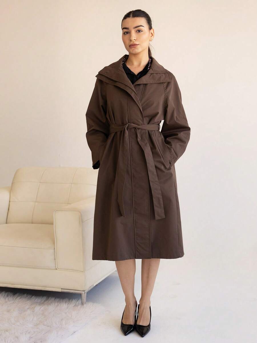 Andrea Bello 1 件女式纯色宽松长袖腰带口袋纽扣开合长款风衣女式夹克，秋季女装 - 咖啡棕 - 查看 1